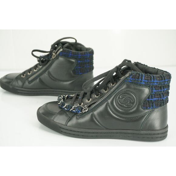Chanel Black Leather XL CC Logo High Top Sneaker SZ 35 Chain Zip Tweed $1025 New - Picture 3 of 10